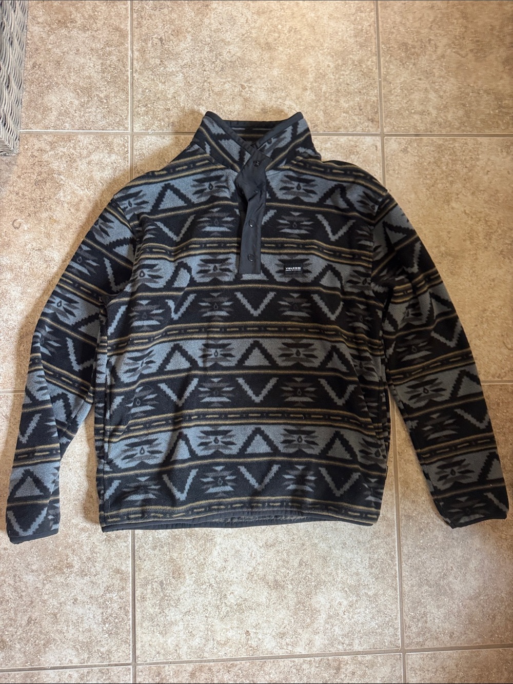 Volcom Men's Black and Gray Geometric Zip-Up Sweater